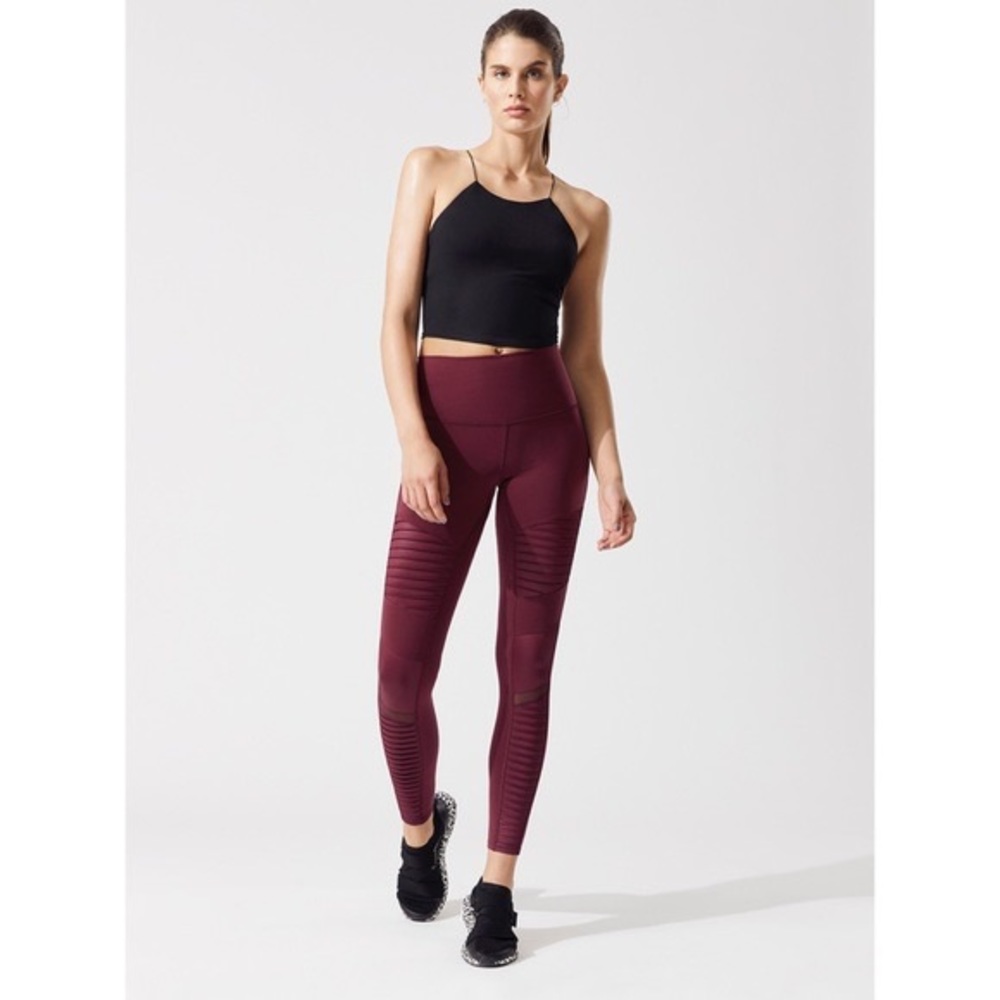 Alo Yoga Moto Leggings Size XS Maroon Ribbed Panels Mesh High WaisteAnkle Length